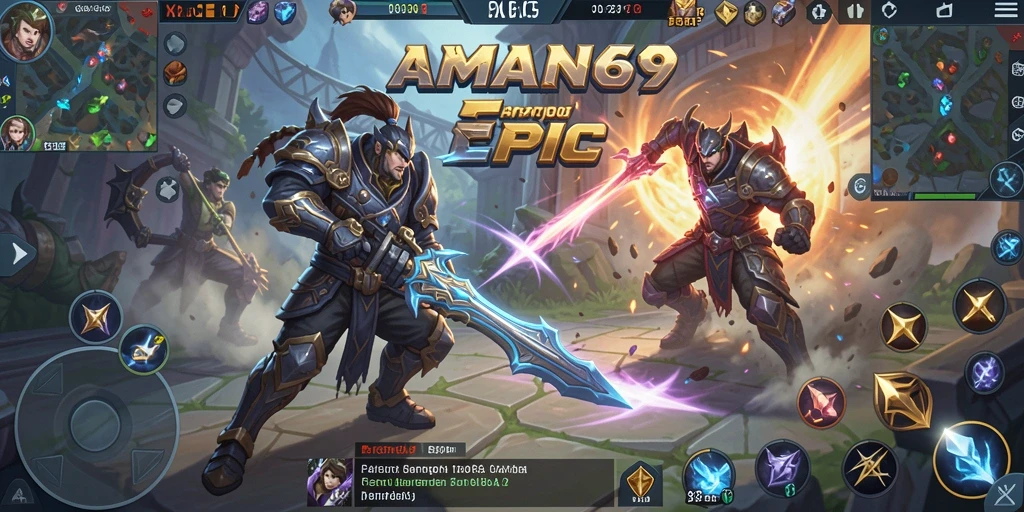 Screenshot gameplay AMAN69 menampilkan aksi pertempuran seru di arena MOBA.