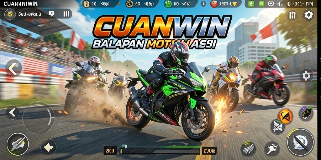 Screenshot gameplay CUANWIN menampilkan balapan motor yang mendebarkan.