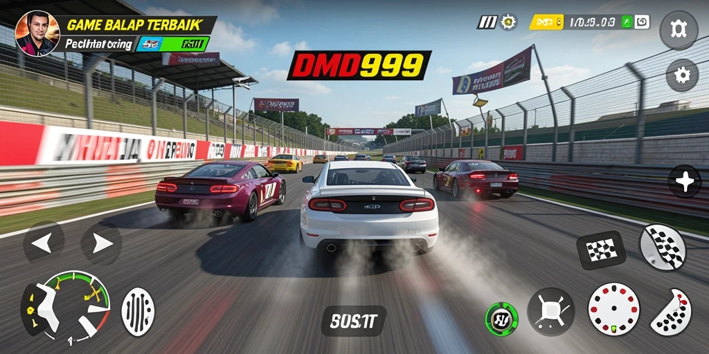 Gameplay DMD999 yang penuh aksi dan kecepatan balap mobil.