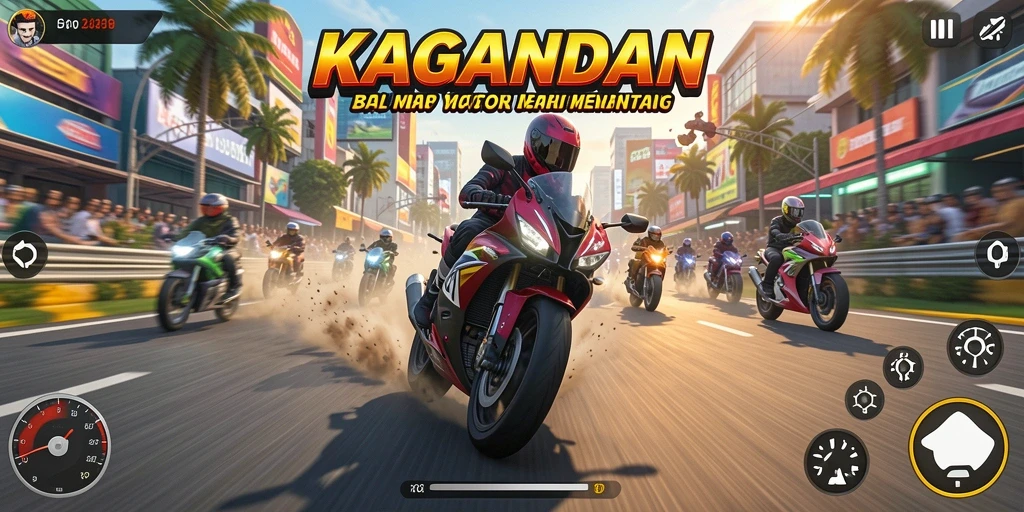 Screenshot gameplay KAGANDAN menampilkan aksi balap motor yang mendebarkan.