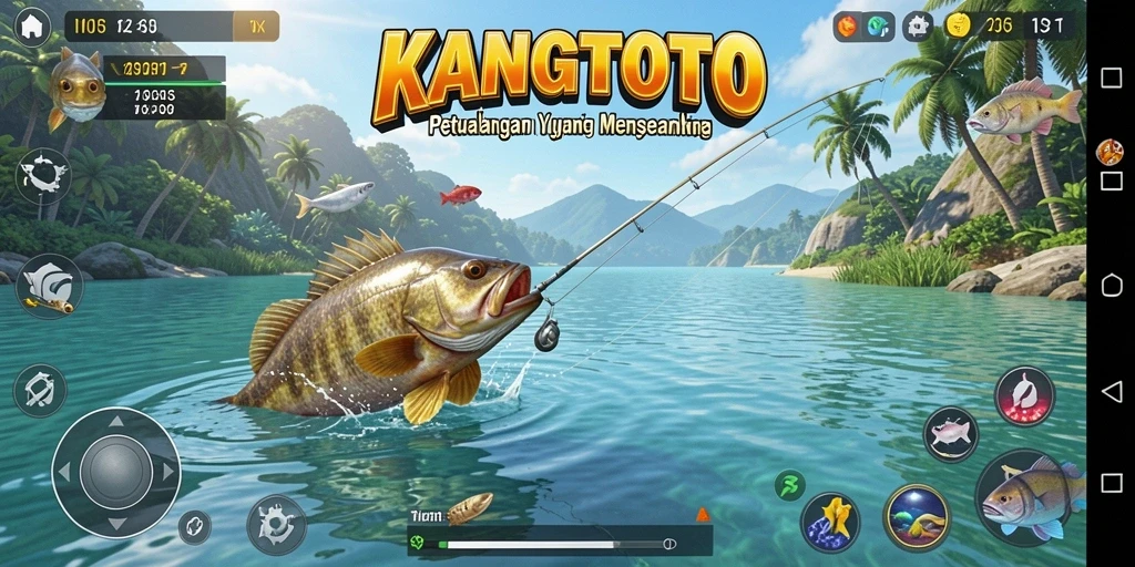 Screenshot menunjukkan gameplay seru KANGTOTO dengan memancing ikan besar.