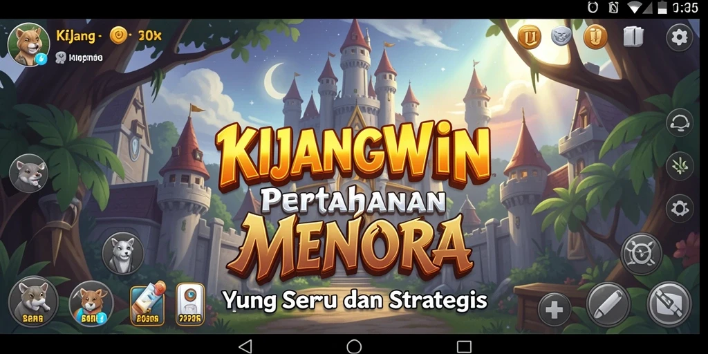 Screenshot gameplay KIJANGWIN menampilkan pertahanan strategi menara.