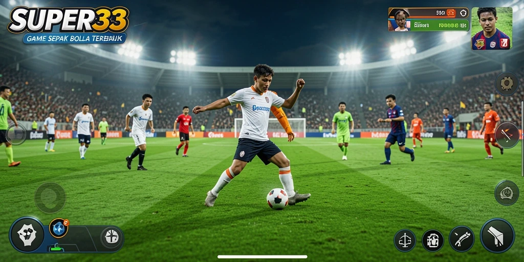 Tangkapan layar gameplay SUPER33 yang menampilkan aksi sepak bola seru.