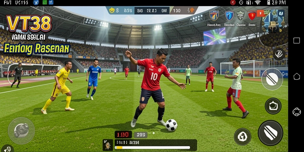 Tangkapan layar utama VT38 menampilkan aksi mendebarkan di lapangan sepak bola.